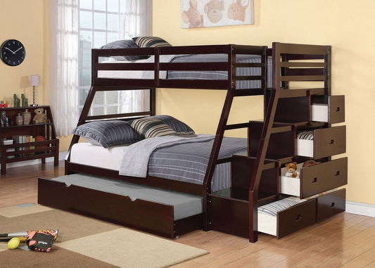 Litera Espresso de madera maciza con dos camas individuales sobre una cama matrimonial, cama nido y espacio de almacenamiento
