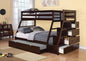 Litera Espresso de madera maciza con dos camas individuales sobre una cama matrimonial, cama nido y espacio de almacenamiento