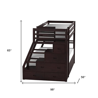 Litera Espresso de madera maciza con dos camas individuales sobre una cama matrimonial, cama nido y espacio de almacenamiento