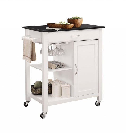 Carrito de cocina de madera de caucho blanco y negro de 81 x 48 x 86 cm