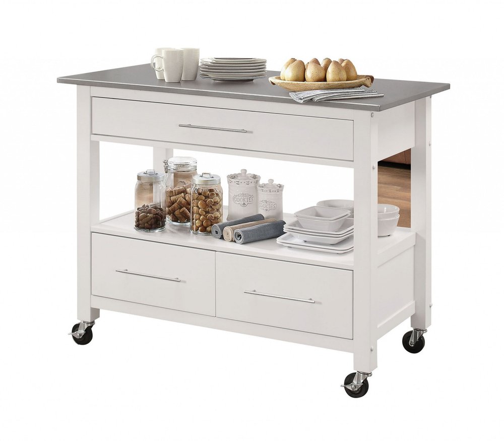 Isla de cocina rodante de 43" con espacio de almacenamiento, blanca y plateada
