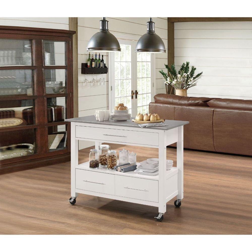 Isla de cocina rodante de 43" con espacio de almacenamiento, blanca y plateada