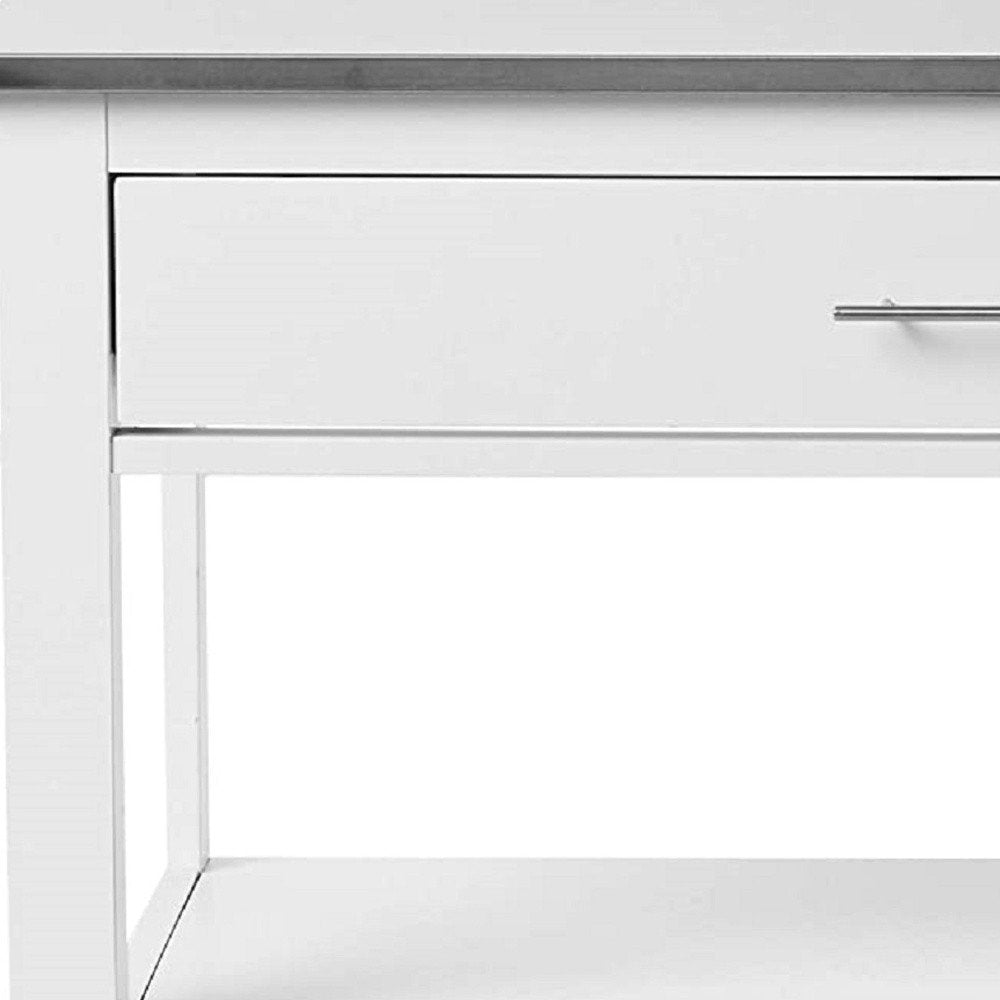 Isla de cocina rodante de 43" con espacio de almacenamiento, blanca y plateada