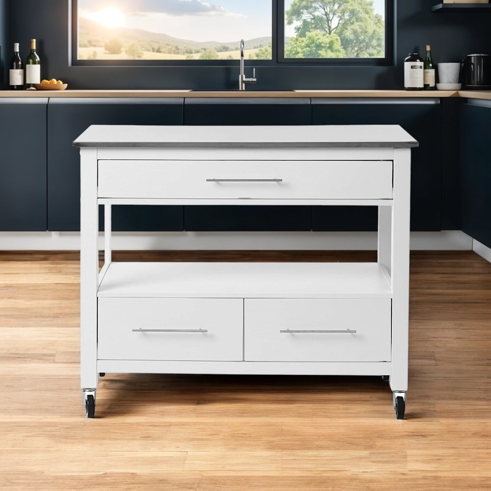 Isla de cocina rodante de 43" con espacio de almacenamiento, blanca y plateada