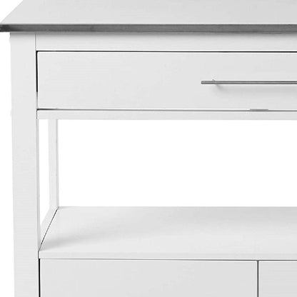 Isla de cocina rodante de 43" con espacio de almacenamiento, blanca y plateada