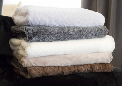 50" X 70" Ivory Black and Brown Faux Fur Animal Print Plush Throw Blanket with Embroidery