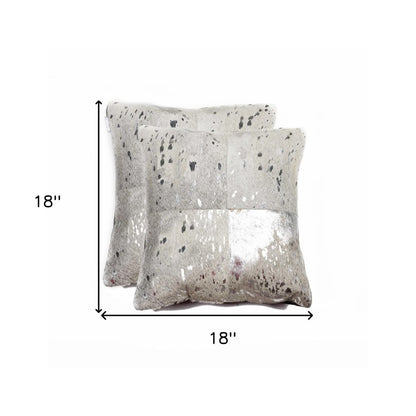 Set of Two Silver and Gray Cowhide Throw Pillow