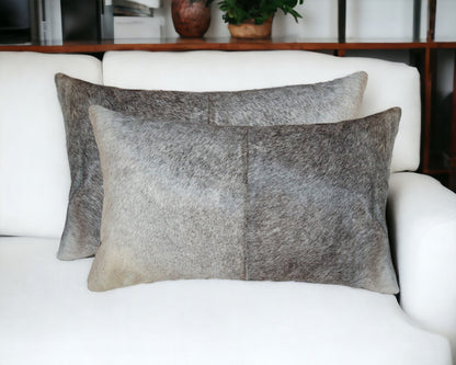 Set of Two 12" X 20" Gray Cowhide Throw Pillow
