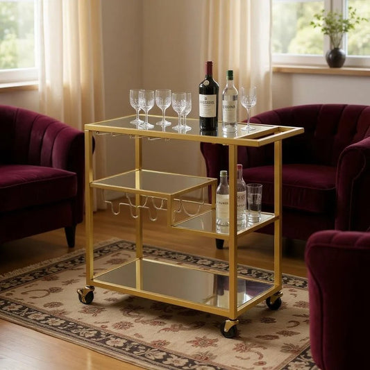 Mesa de preparación con ruedas de 40" de vidrio transparente y dorado y hierro