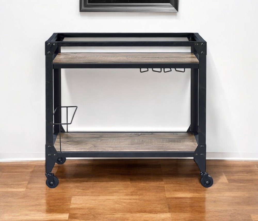 Mesa de preparación con ruedas de 81 cm, color negro y natural, con espacio de almacenamiento