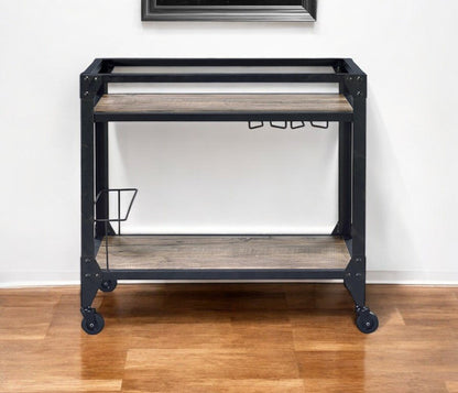 Mesa de preparación con ruedas de 81 cm, color negro y natural, con espacio de almacenamiento