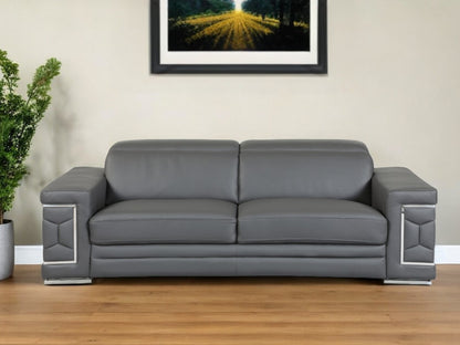 89" Dark Gray Italian Leather Sofa with Silver Legs