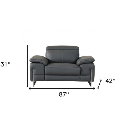 87" Gray And Silver Faux Leather Club Chair