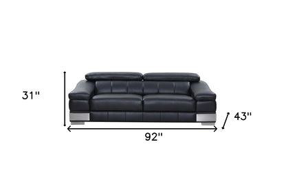 87" Blue Italian Leather Sofa With Silver Legs