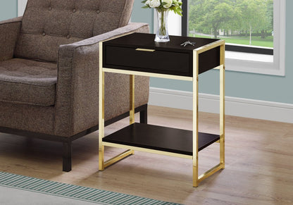 24" Gold And Dark Brown Wood And Metal End Table With Drawer And Shelf