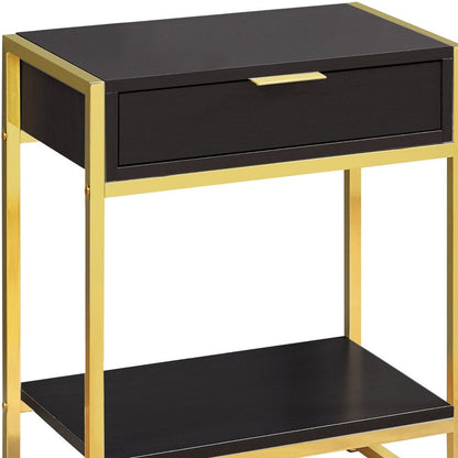 24" Gold And Dark Brown Wood And Metal End Table With Drawer And Shelf