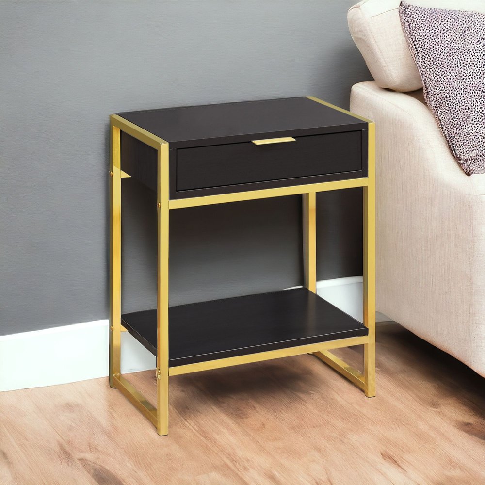 24" Gold And Dark Brown Wood And Metal End Table With Drawer And Shelf
