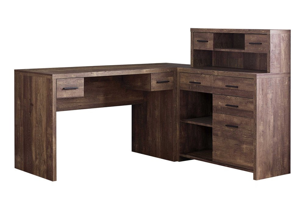 63" Brown L Shape Computer Desk With Eight Drawers
