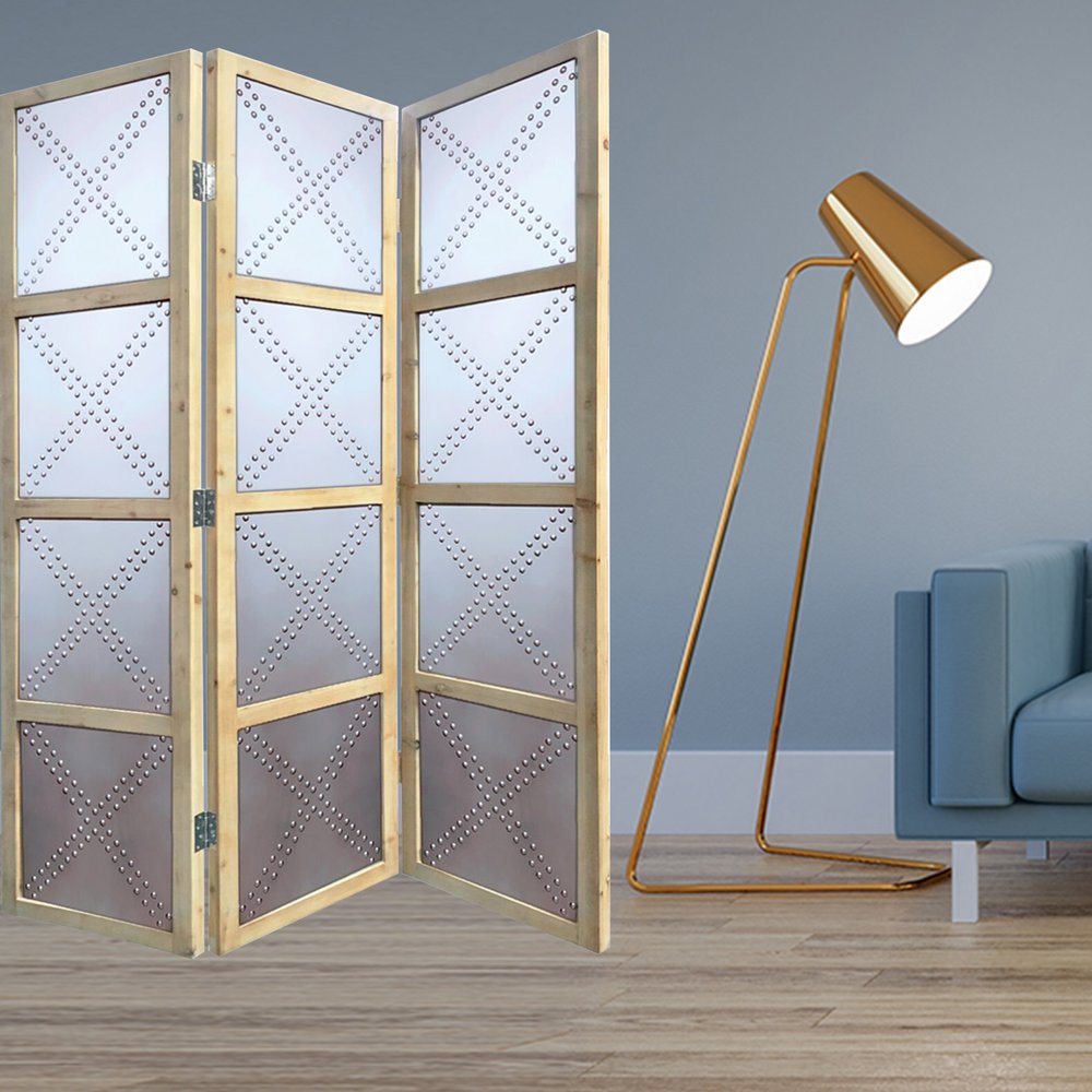 84" Silver Folding Three Panel Screen Room Divider