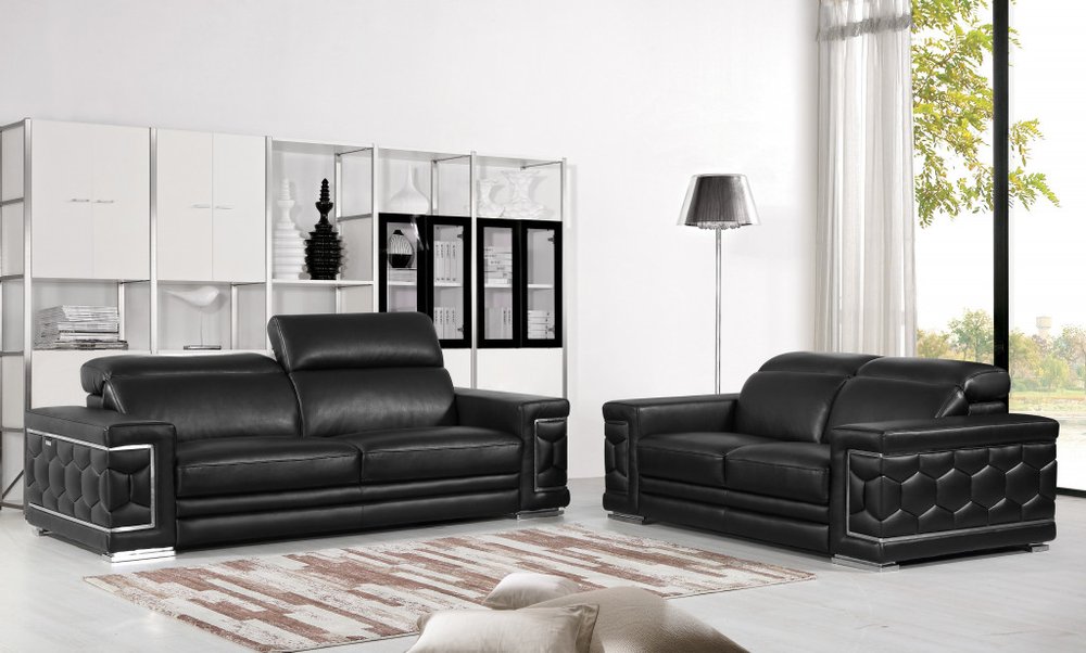 Conjunto de asientos para cinco personas en cuero italiano negro de dos piezas para interiores