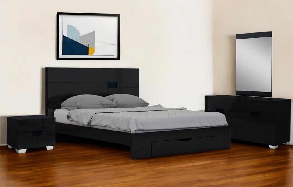 Juego de dormitorio de cuatro piezas de madera maciza negra con espejo