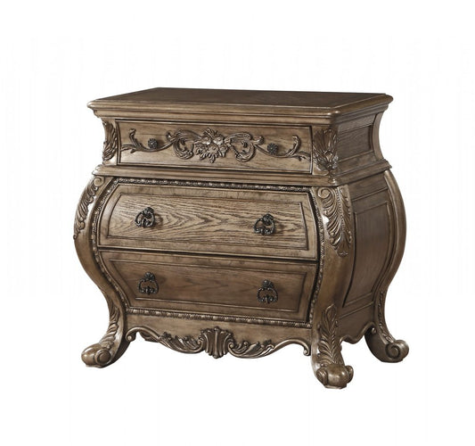 Mesita de noche de madera maciza con tres cajones, color champán, de 86 cm