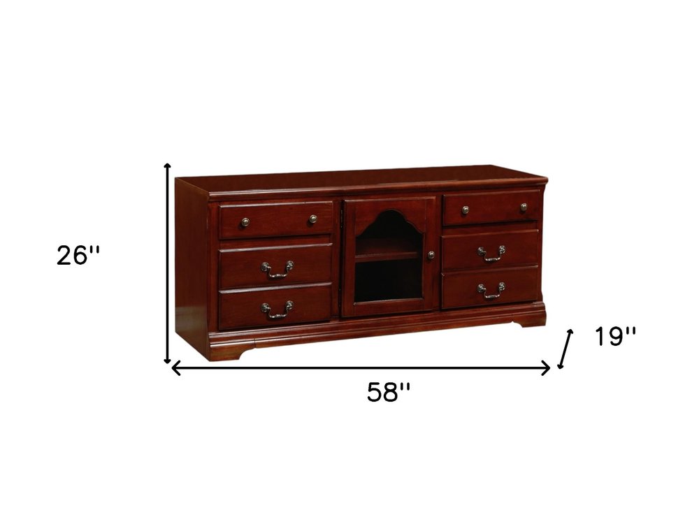 58" Brown Enclosed And Open Storage Wood And Glass TV Stand
