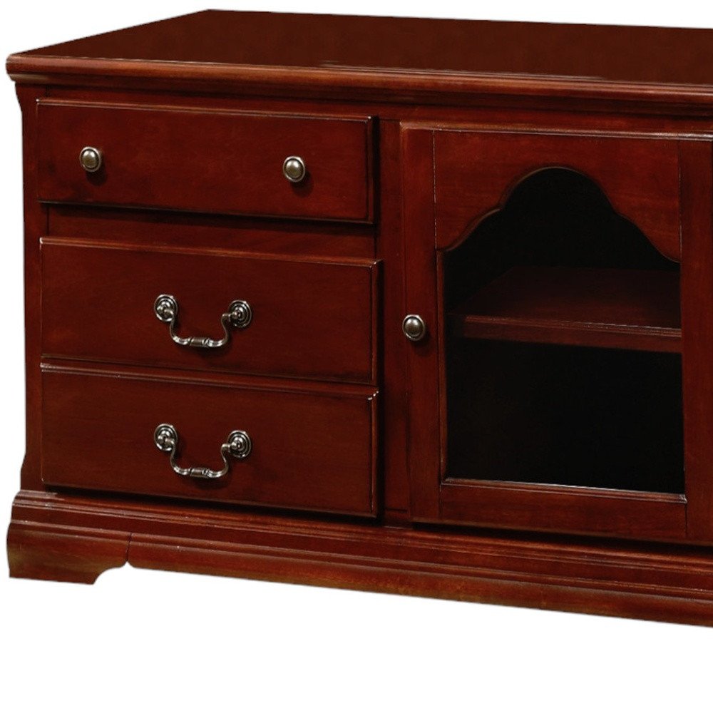 58" Brown Enclosed And Open Storage Wood And Glass TV Stand