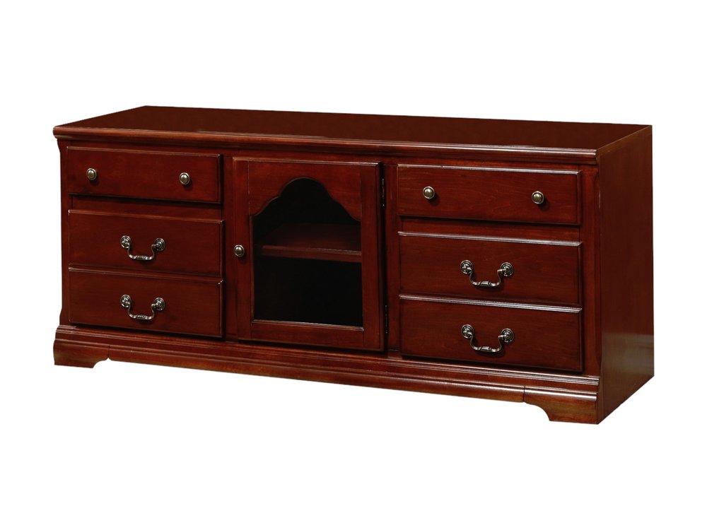 58" Brown Enclosed And Open Storage Wood And Glass TV Stand