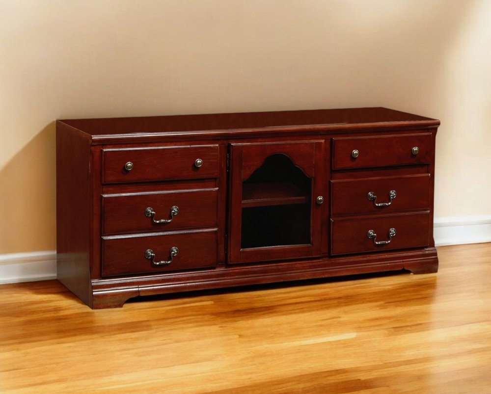 58" Brown Enclosed And Open Storage Wood And Glass TV Stand