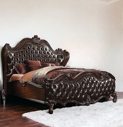 Estructura de cama King marrón oscuro con ribete de tachuelas