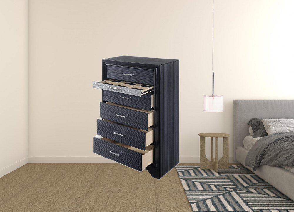 Cómoda de seis cajones de madera maciza negra de 34"