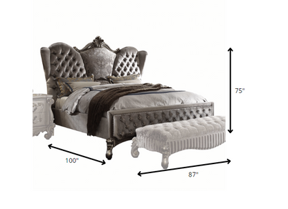 Cama California King de 87" x 100" x 75" con tapizado de terciopelo platino antiguo y resina de polietileno