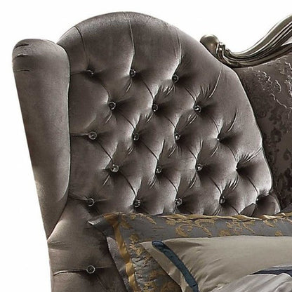 Cama California King de 87" x 100" x 75" con tapizado de terciopelo platino antiguo y resina de polietileno