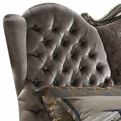 Cama California King de 87" x 100" x 75" con tapizado de terciopelo platino antiguo y resina de polietileno