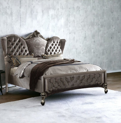 Cama California King de 87" x 100" x 75" con tapizado de terciopelo platino antiguo y resina de polietileno