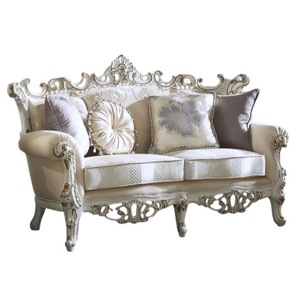 61" Ivory And Silver Damask Chesterfield Loveseat