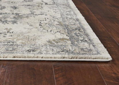 9' X 13' Ivory And Gray Floral Medallion Distressed Area Rug