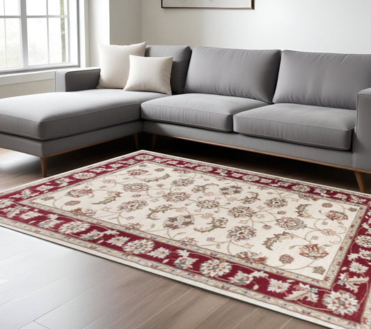 9' X 12' Red And Ivory Floral Medallion Area Rug
