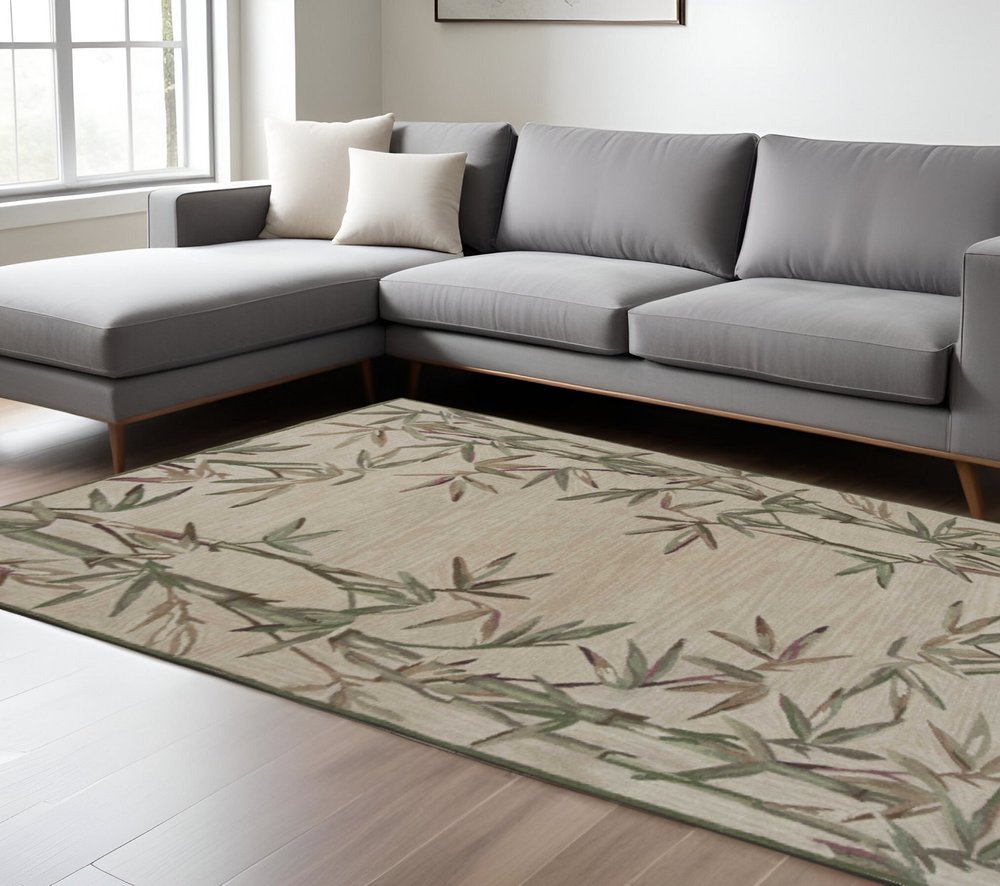 9' X 12' Ivory Green And Brown Wool Botanical Leaves Hand Tufted Area Rug