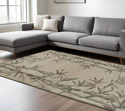 9' X 12' Ivory Green And Brown Wool Botanical Leaves Hand Tufted Area Rug