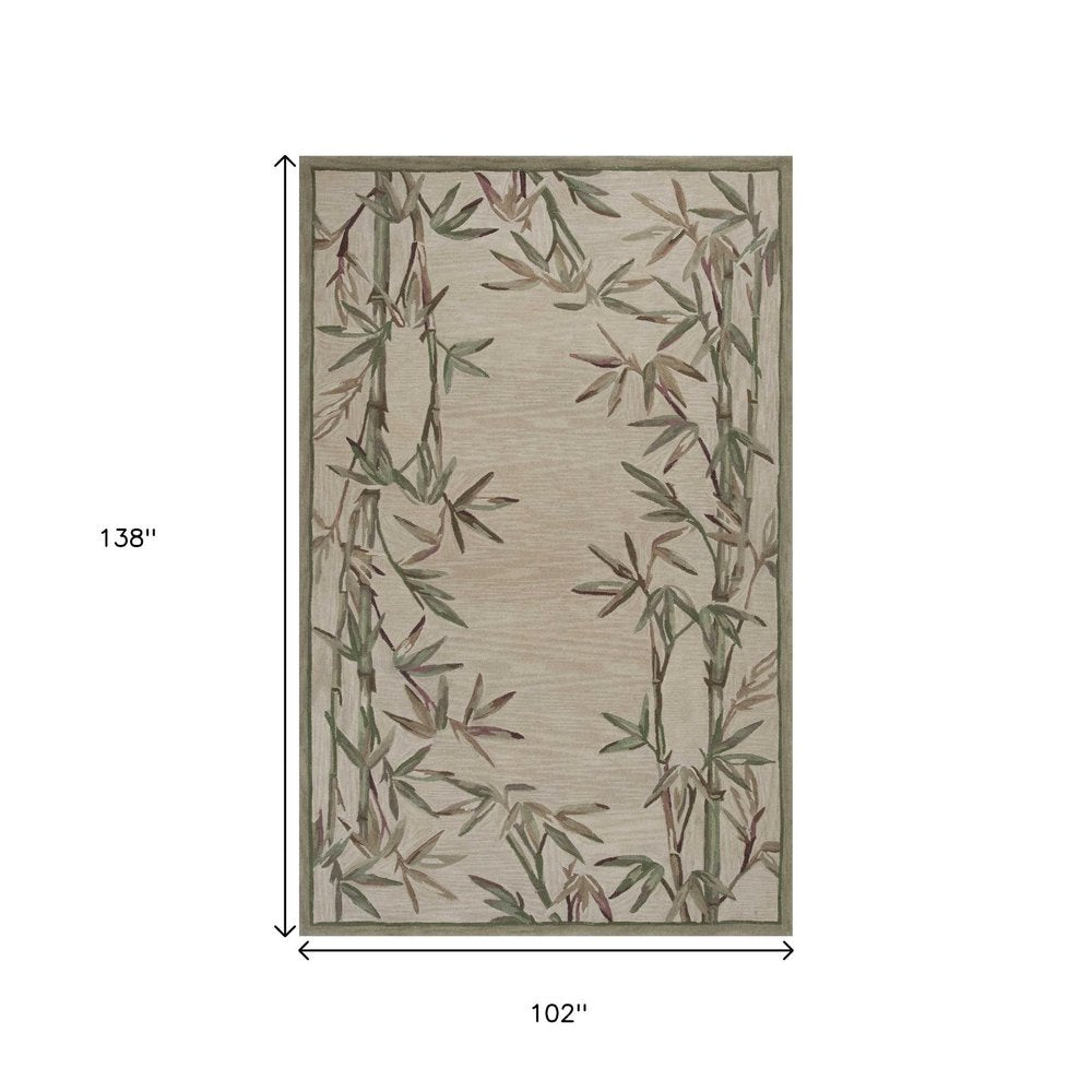 9' X 12' Ivory Green And Brown Wool Botanical Leaves Hand Tufted Area Rug