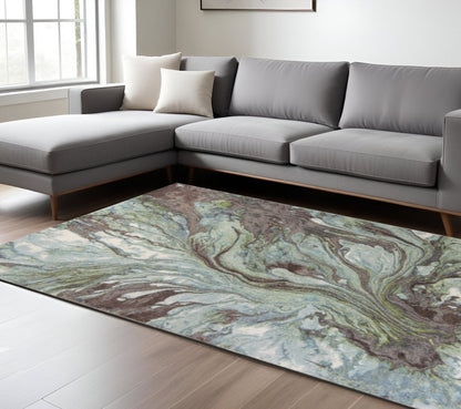 9' X 13' Green And Brown Abstract Area Rug