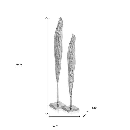 Set of Two Silver Aluminum Tall Feather Tabletop Sculptures