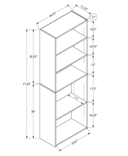 71" White Wood Adjustable Five Tier Bookcase