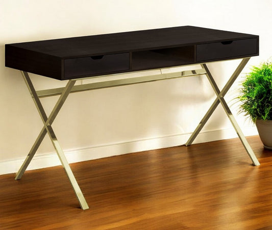 24" Dark Brown and Gold Computer Desk With Two Drawers