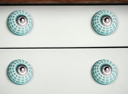Set of Eight Turquoise And White Geometric Ceramic Drawer Pull Knobs