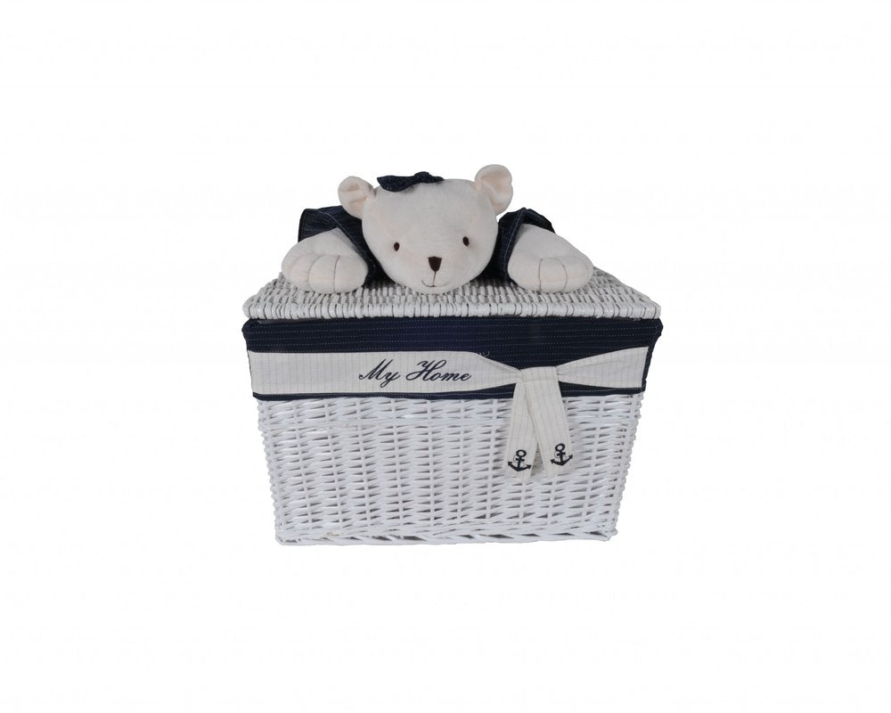 Set Of Five Blue And White Teddy Bear Rattan Baskets