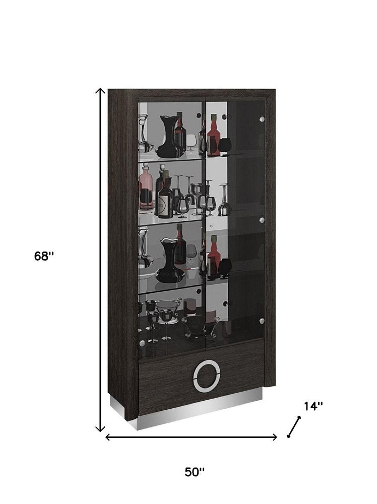 Vitrina de 50" de madera y vidrio gris y plateado con dos puertas y un cajón