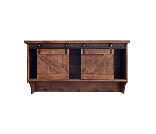 Estante de madera marrón de 40" con cinco ganchos y puerta de granero
